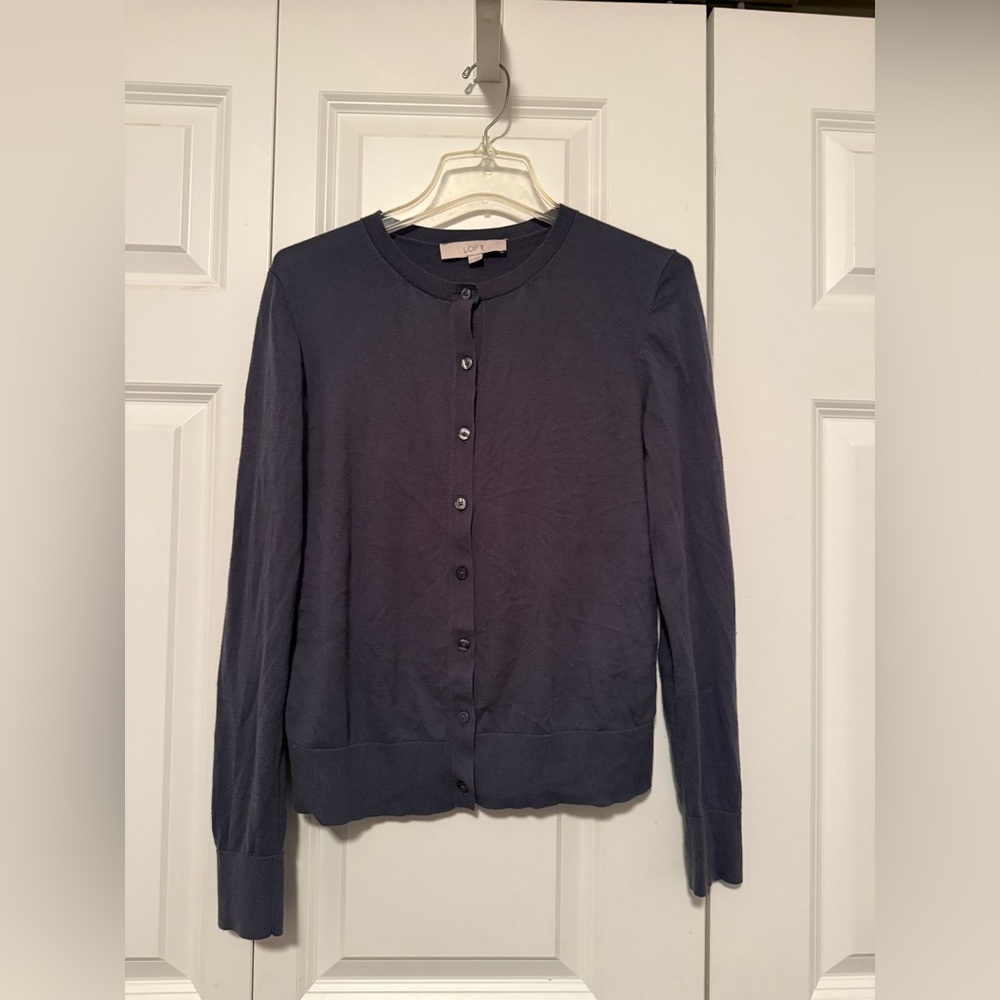 LOFT Gray Cardigan Sweater with Ribbed Trim